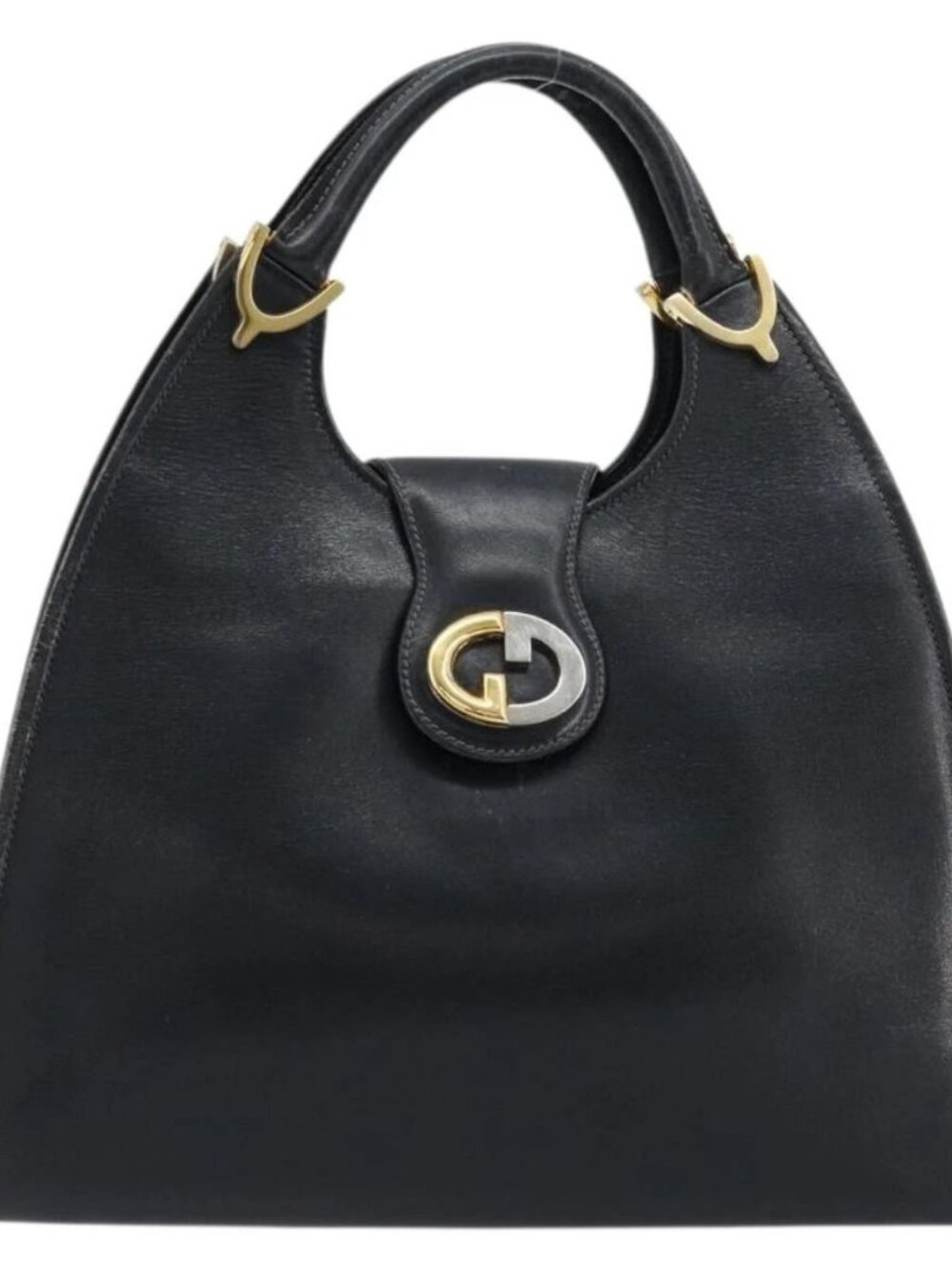 GUCCI Hand Bag Leather Navy Gold Auth 177664